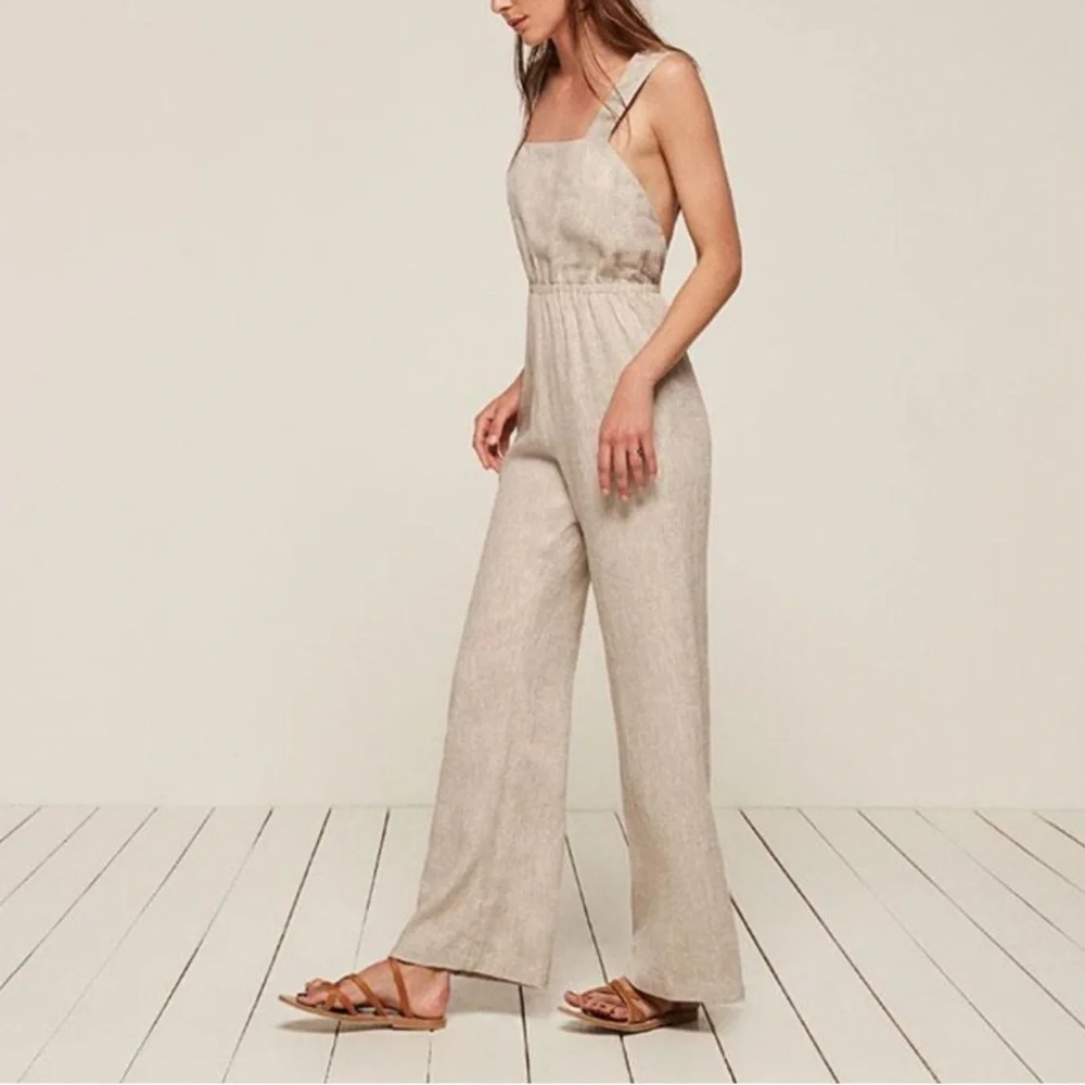 Reformation Linen Trace Jumpsuit in Oatmeal Size 2